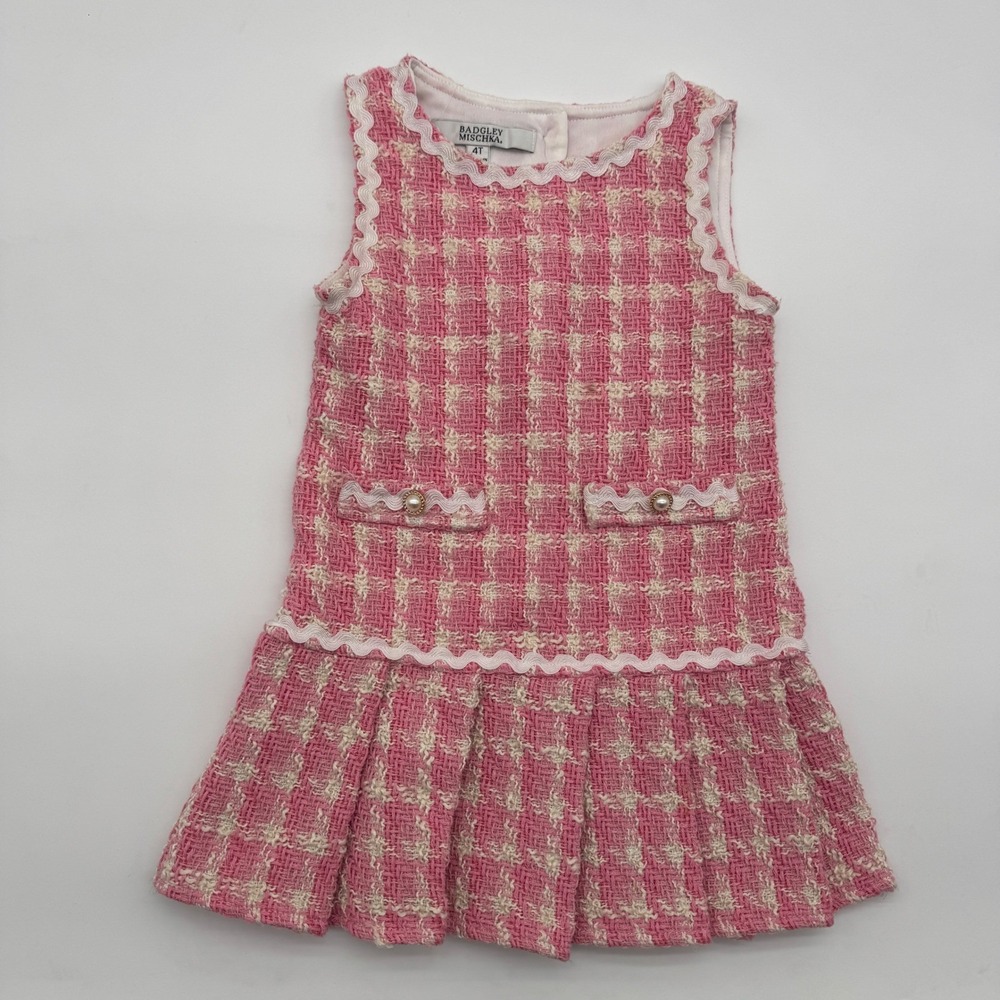 Badgley Mischka Caroline Pink Plaid Tweed‎ Drop Waist Pleated Dress 4T Girls